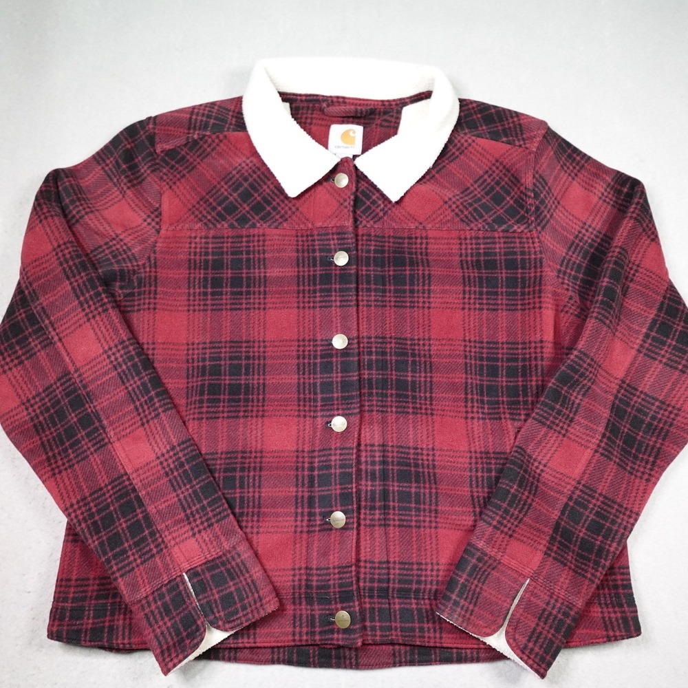 Carhartt Jacket Womens XL 16/18 Red Plaid Sherpa Lined Snap Front Coat Fleece